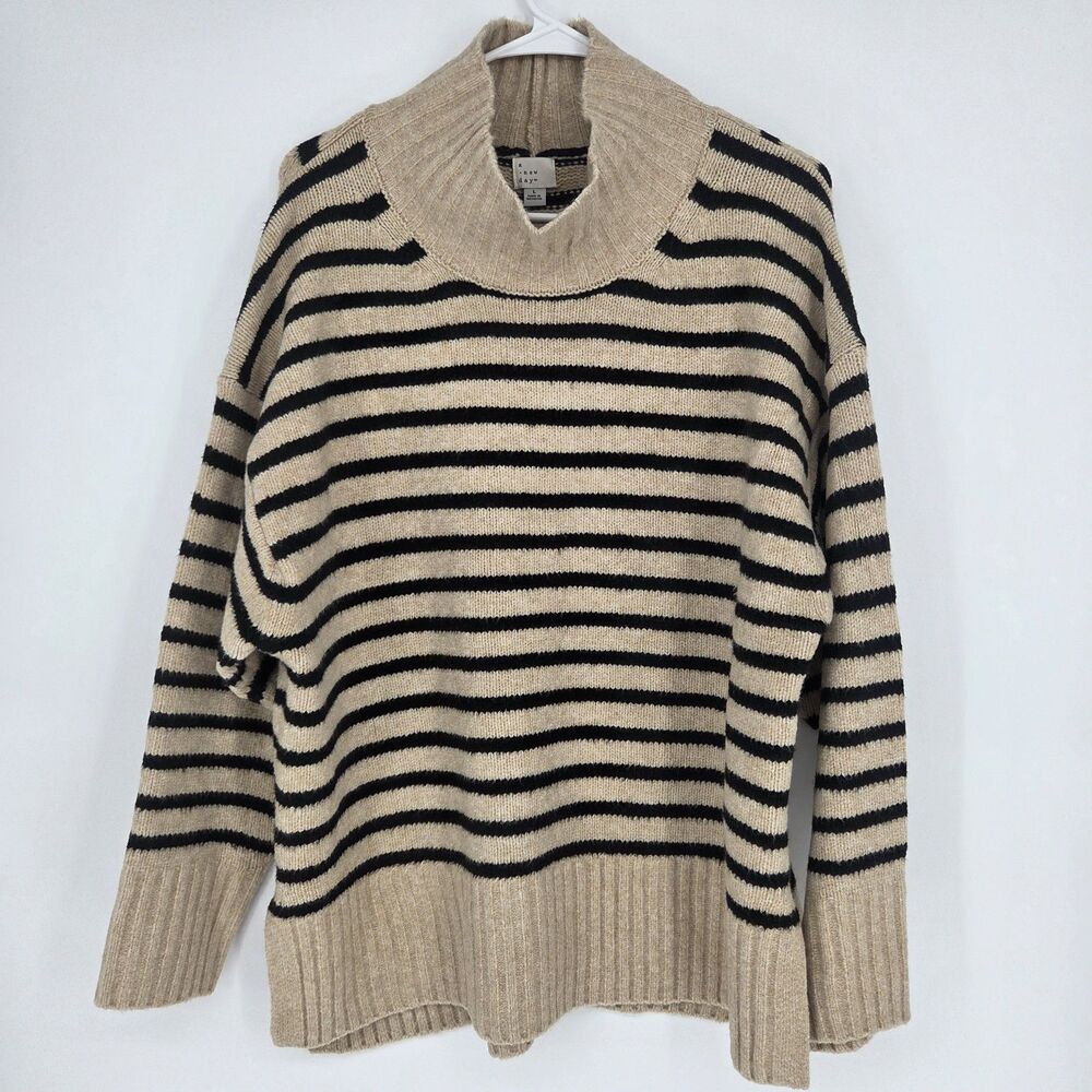 A New Day Womens Camel Black Striped Mock Neck Sweater Large Soft Stretch